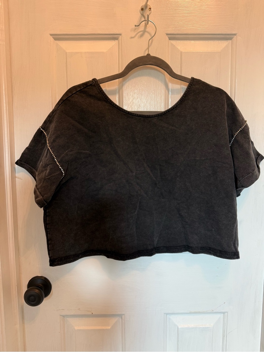 Black Washed Boxy Crop Top with Stud-Trim Sleeves